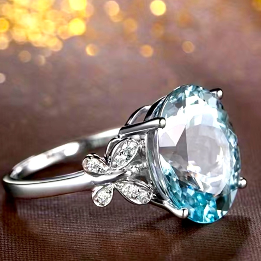 ♥️Aquamarine Blue Oval Cut Zircon,Butterfly white Zircon stones 18K gold plated